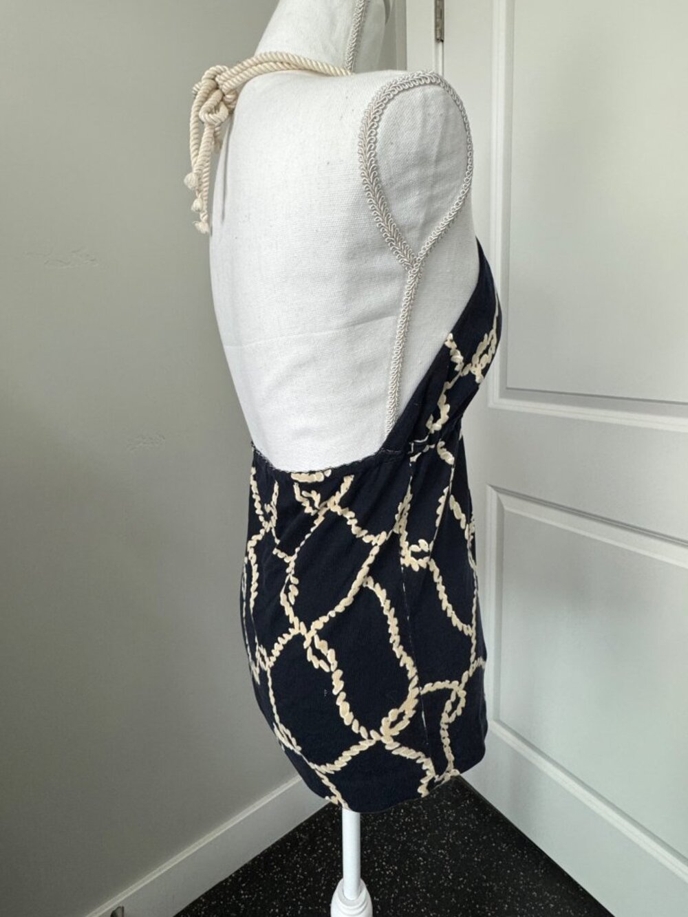 J.Crew Navy & Beige Rope Print Halter Top With Deep V-Neckline Comfort Travel - Picture 5 of 16